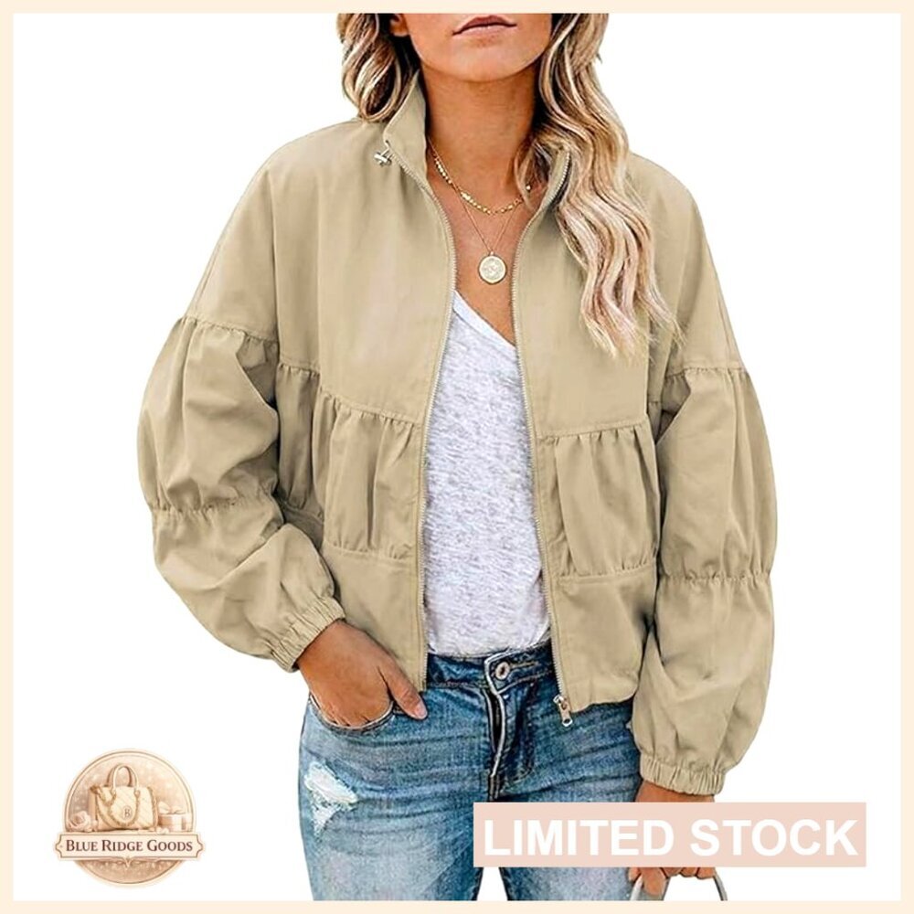 Cropped Bomber Jacket Lightweight Balloon Sleeve Streetwear Chic Spring Fall